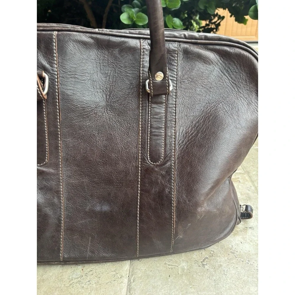 ⭐️Old Angler Italy Brown Leather Travel Bag⭐️2 Wheels Strap Outside Zip Pocket⭐️